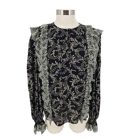 Joie Tops - JOIE Blouse Black Floral Embroidered Ruffle Long Sleeve Button Front Shirt Small